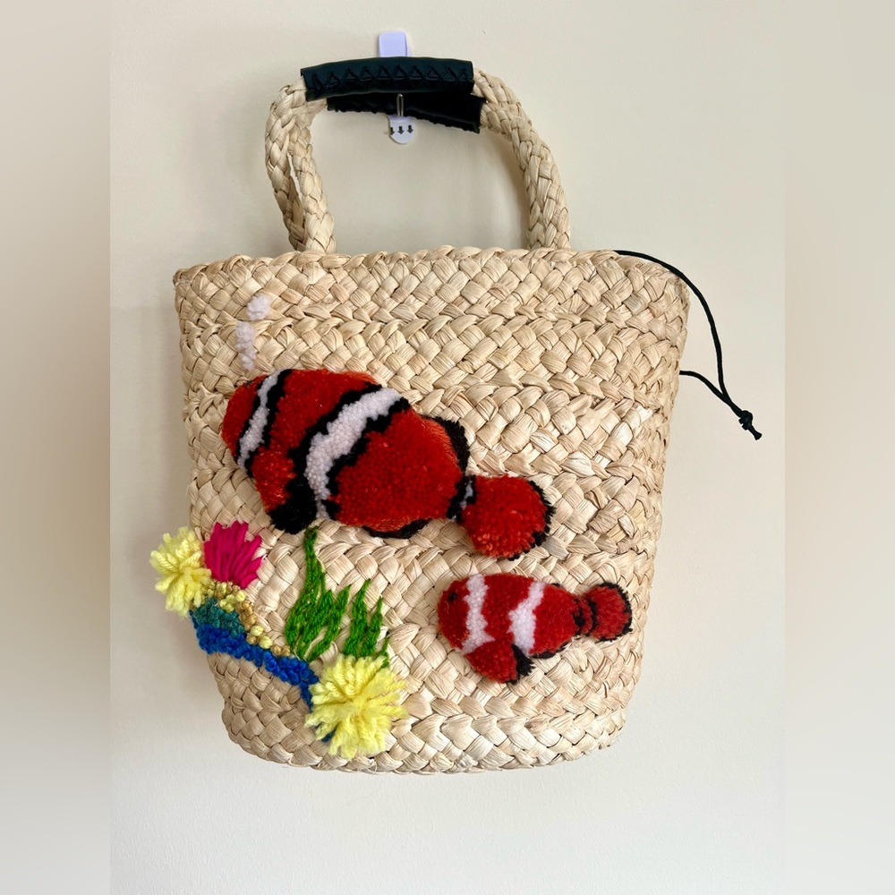 Handwoven Straw Tote Bag with fish, Cute Nature Handmade Basket Bag